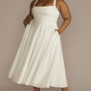 David's Bridal Cowl Neck Tea-Length Satin A-Line Dress